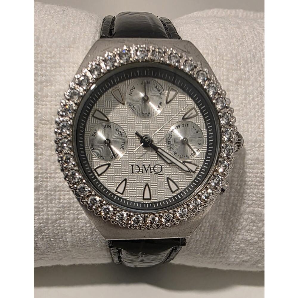 DMQ‎ Diamonique Ladies Watch w/Black Leather Band and Month/Day Dial